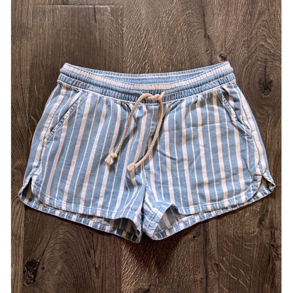 Aerie Striped Beach Coastal Shorts XS Blue White 100% Cotton Rope Drawstring